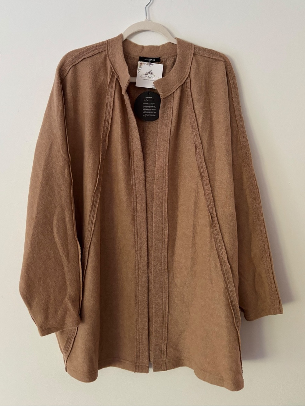 Mittoshop Women's Open Front Cardigan Dolman Sleeve Exposed Seam Camel Tan M NWT